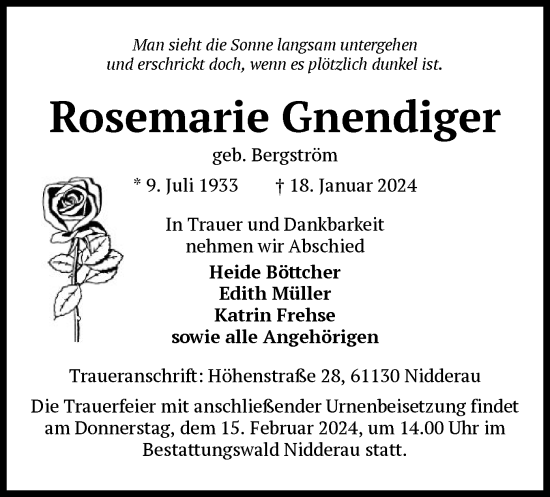 Traueranzeige von Rosemarie Gnendiger von OF