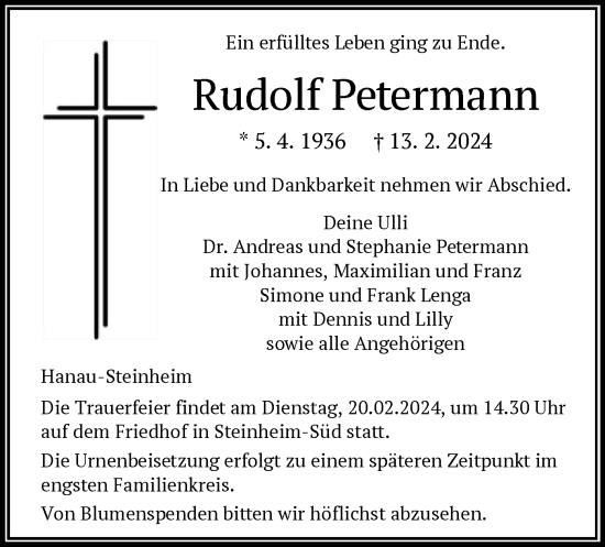 Traueranzeige von Rudolf Petermann von OF