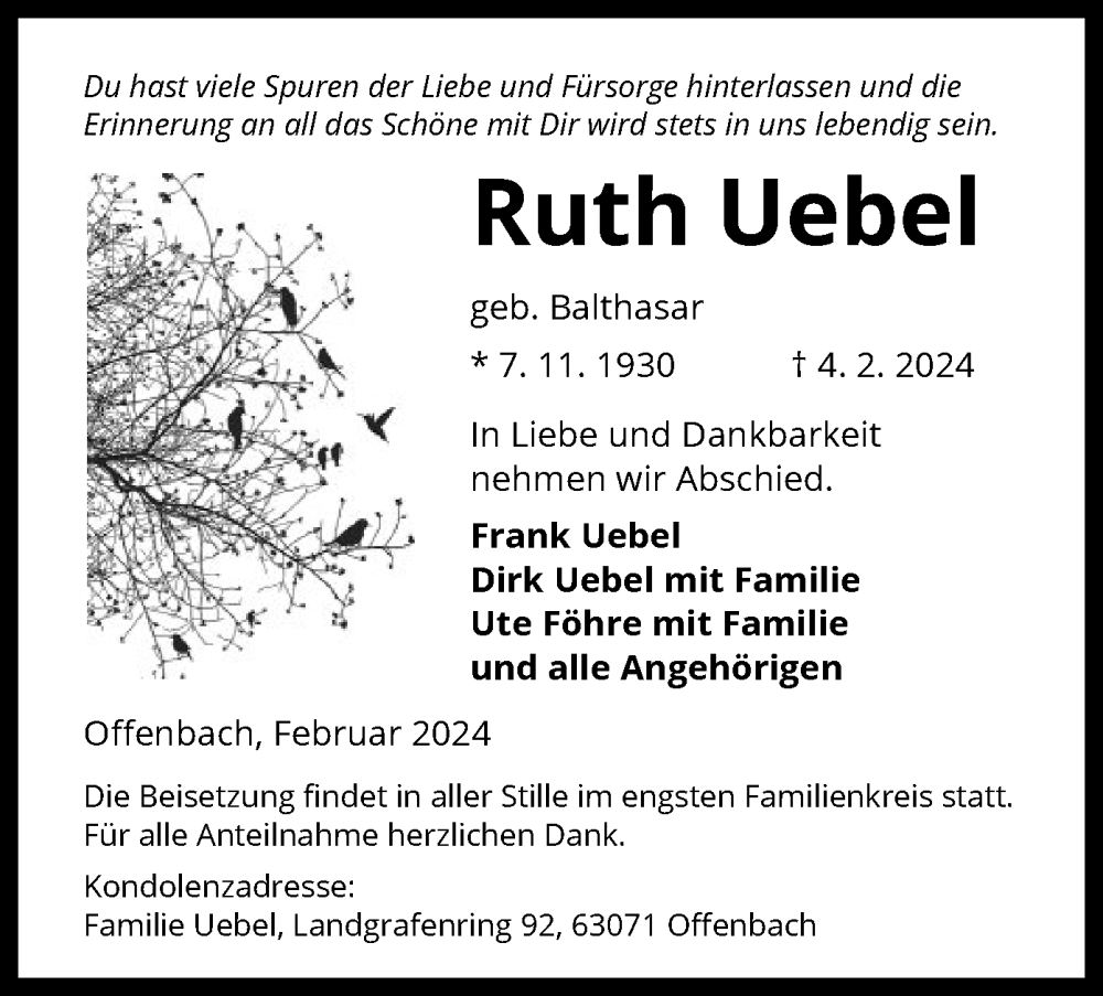  Traueranzeige für Ruth Uebel vom 10.02.2024 aus OF