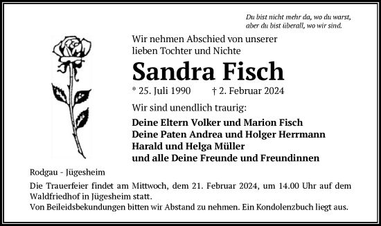 Traueranzeige von Sandra Fisch von OF