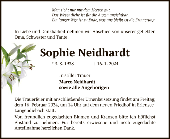 Traueranzeige von Sophie Neidhardt von OF