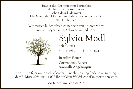 Traueranzeige von Sylvia Modl von OF