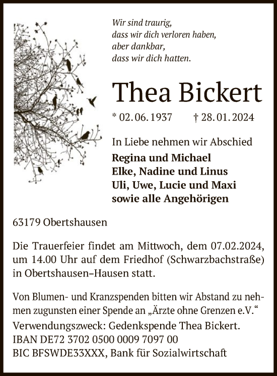 Traueranzeige von Thea Bickert von OF