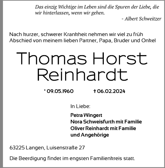 Traueranzeige von Thomas Horst Reinhardt von OF