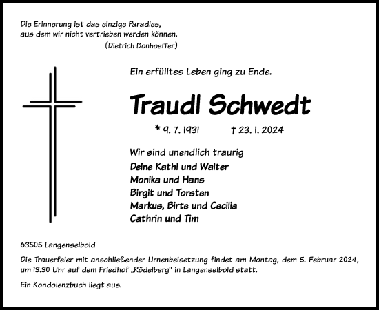 Traueranzeige von Traudl Schwelt von OF