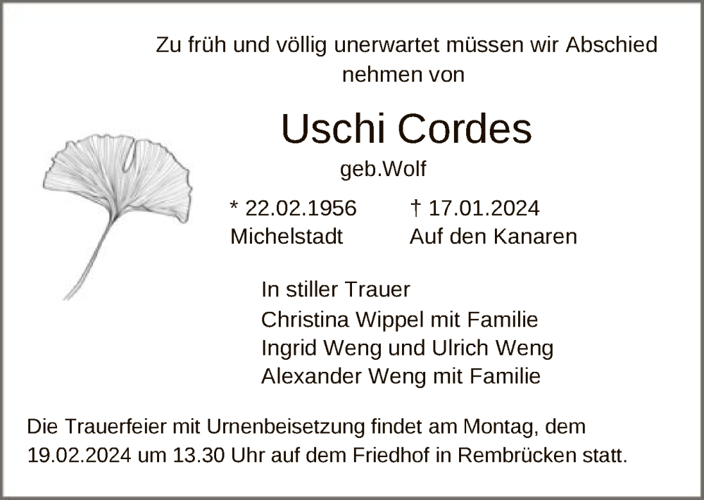  Traueranzeige für Uschi Cordes vom 17.02.2024 aus OF