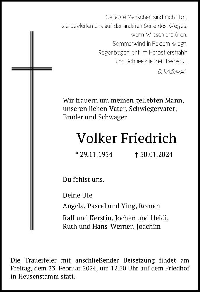  Traueranzeige für Volker Friedrich vom 17.02.2024 aus OF