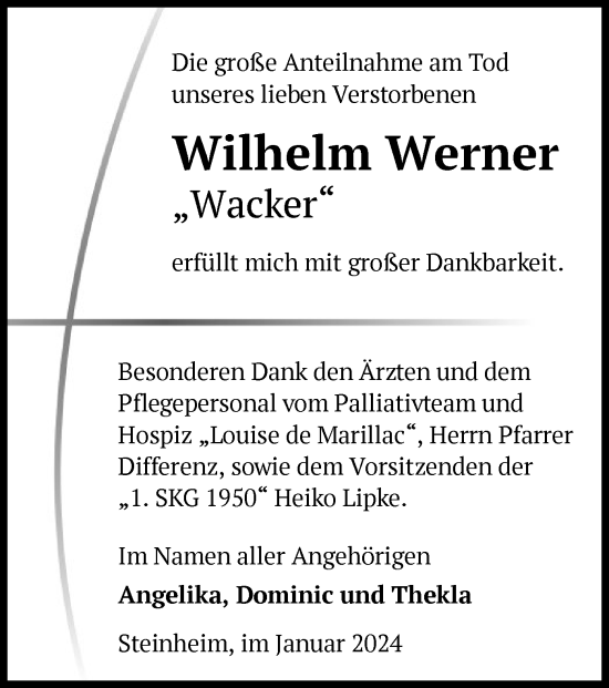 Traueranzeige von Wilhelm Werner von OF