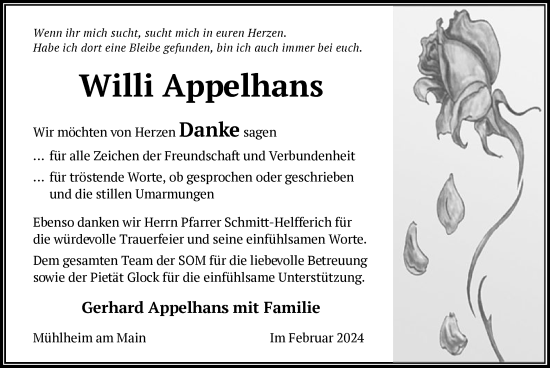 Traueranzeige von Willi Appelhans von OF