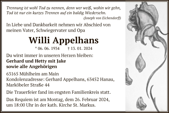 Traueranzeige von Willi Appelhans von OF