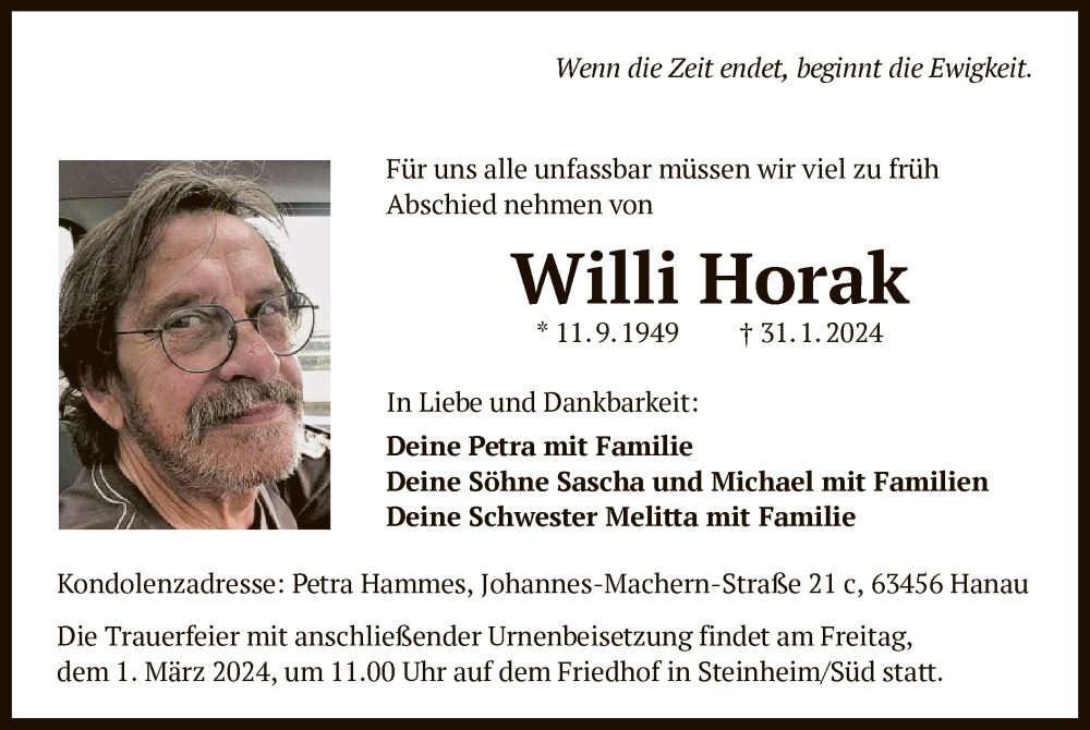  Traueranzeige für Willi Horak vom 17.02.2024 aus OF