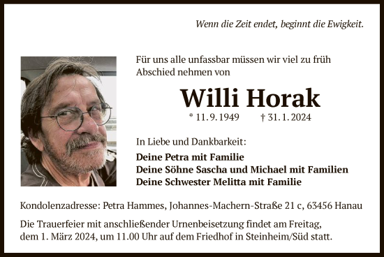 Traueranzeige von Willi Horak von OF