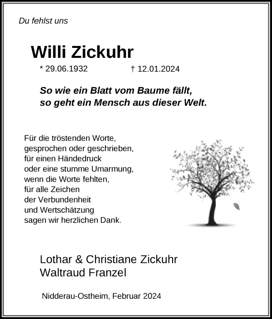 Traueranzeige von Willi Zickuhr von OF