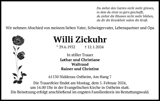 Traueranzeige von Willi Zickuhr von OF