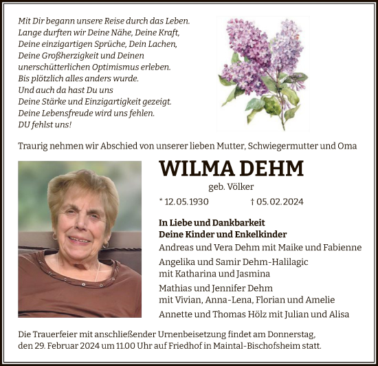 Traueranzeige von Wilma Dehm von OF