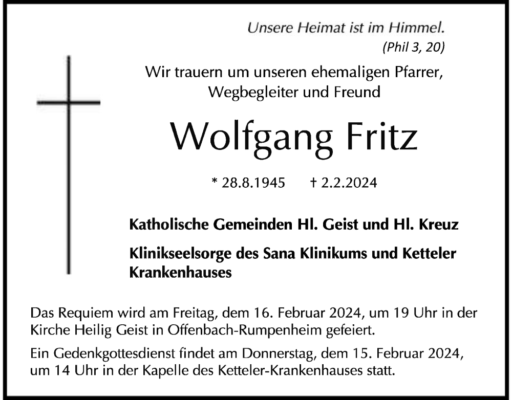  Traueranzeige für Wolfgang Fritz vom 10.02.2024 aus OF
