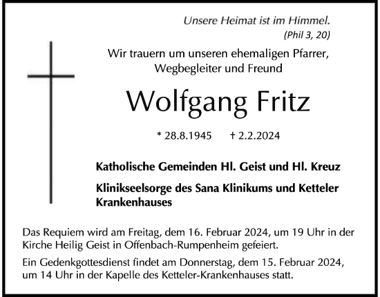 Traueranzeige von Wolfgang Fritz von OF