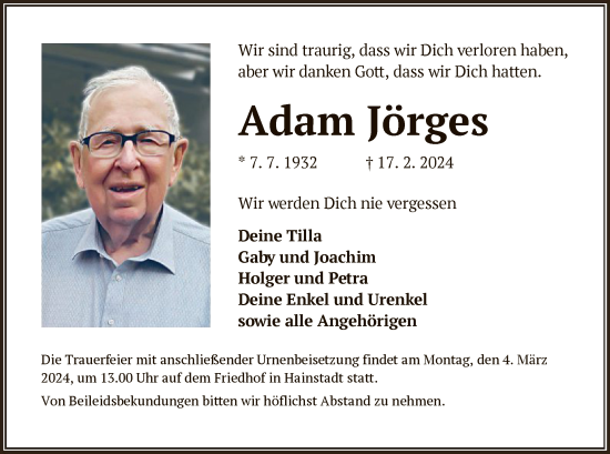 Traueranzeige von Adam Jörges von OF