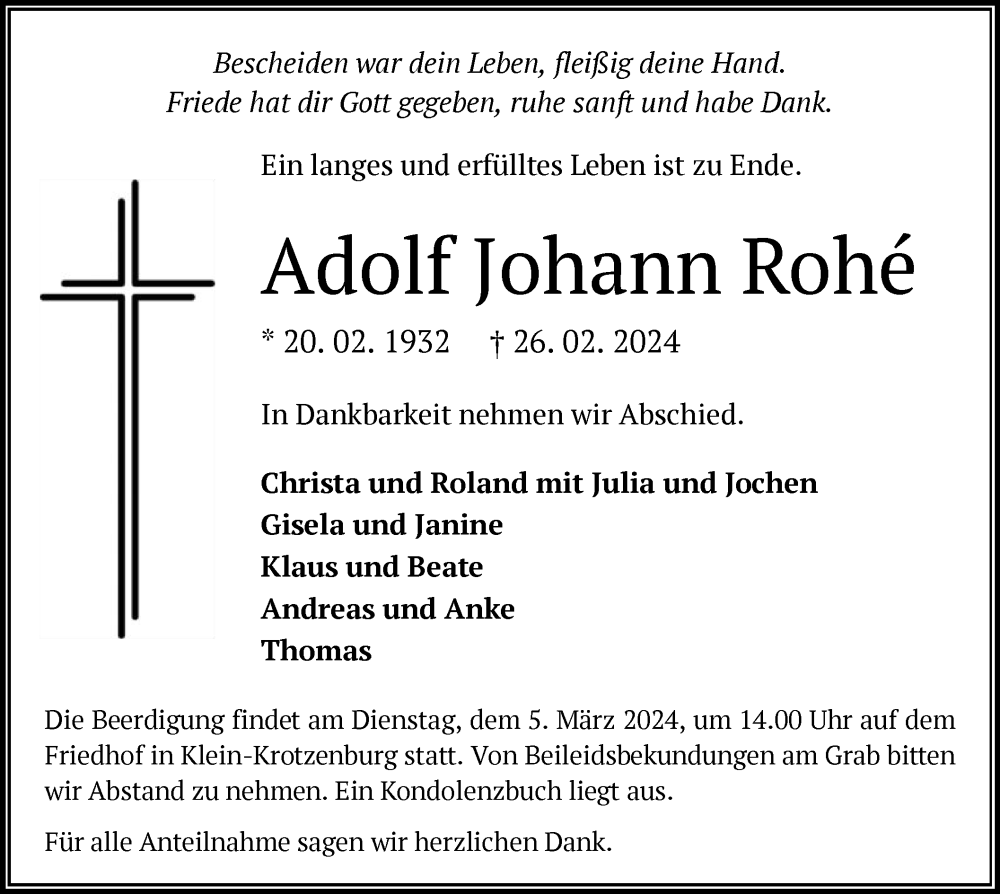  Traueranzeige für Adolf Johann Rohé vom 02.03.2024 aus OF