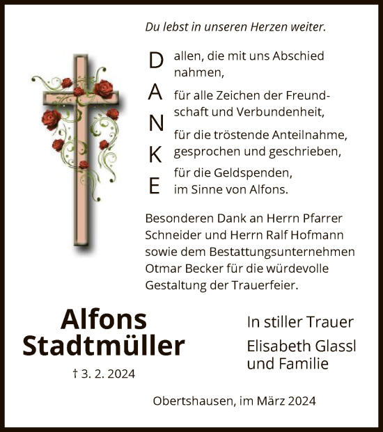 Traueranzeige von Alfons Stadtmüller von OF