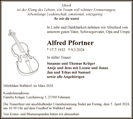 Traueranzeige von Alfred Pfortner von OF