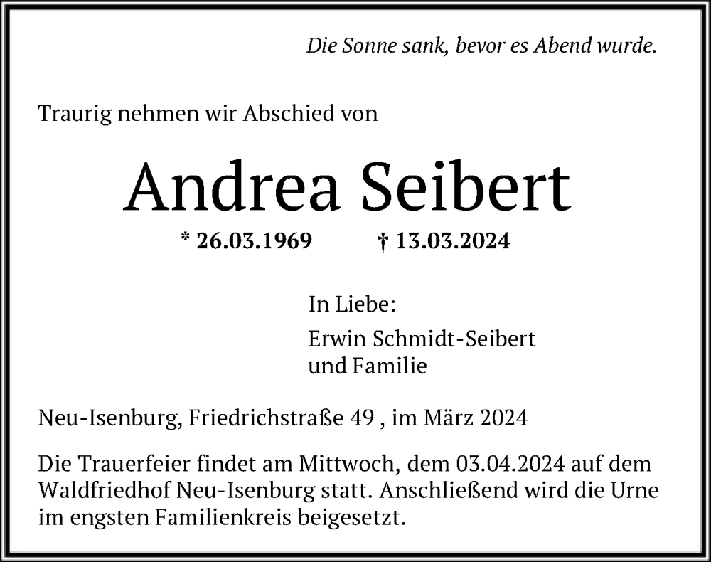  Traueranzeige für Andrea Seibert vom 30.03.2024 aus OF