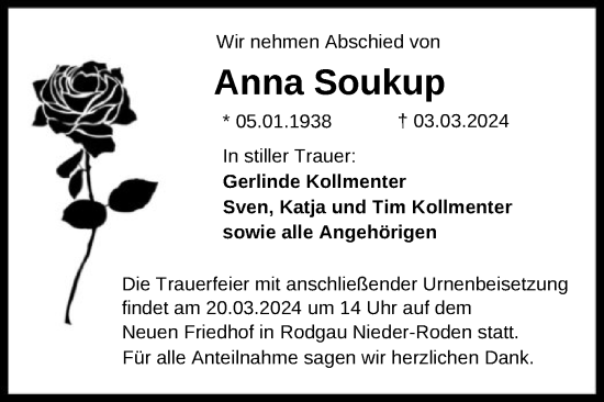 Traueranzeige von Anna Soukup von OF