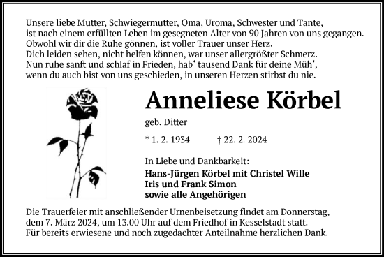 Traueranzeige von Anneliese Körbel von OF