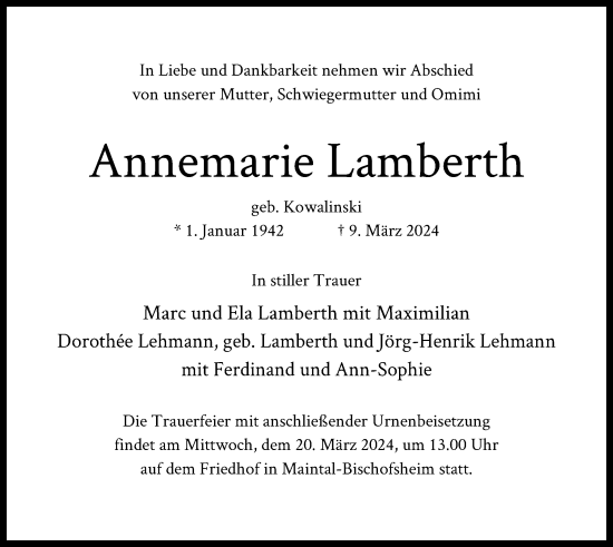 Traueranzeige von Annemarie Lamberth von OF