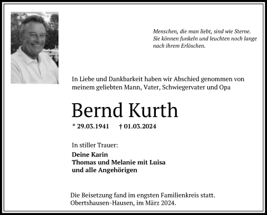 Traueranzeige von Bernd Kurth von OF