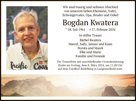 Traueranzeige von Bogdan Kwatera von OF