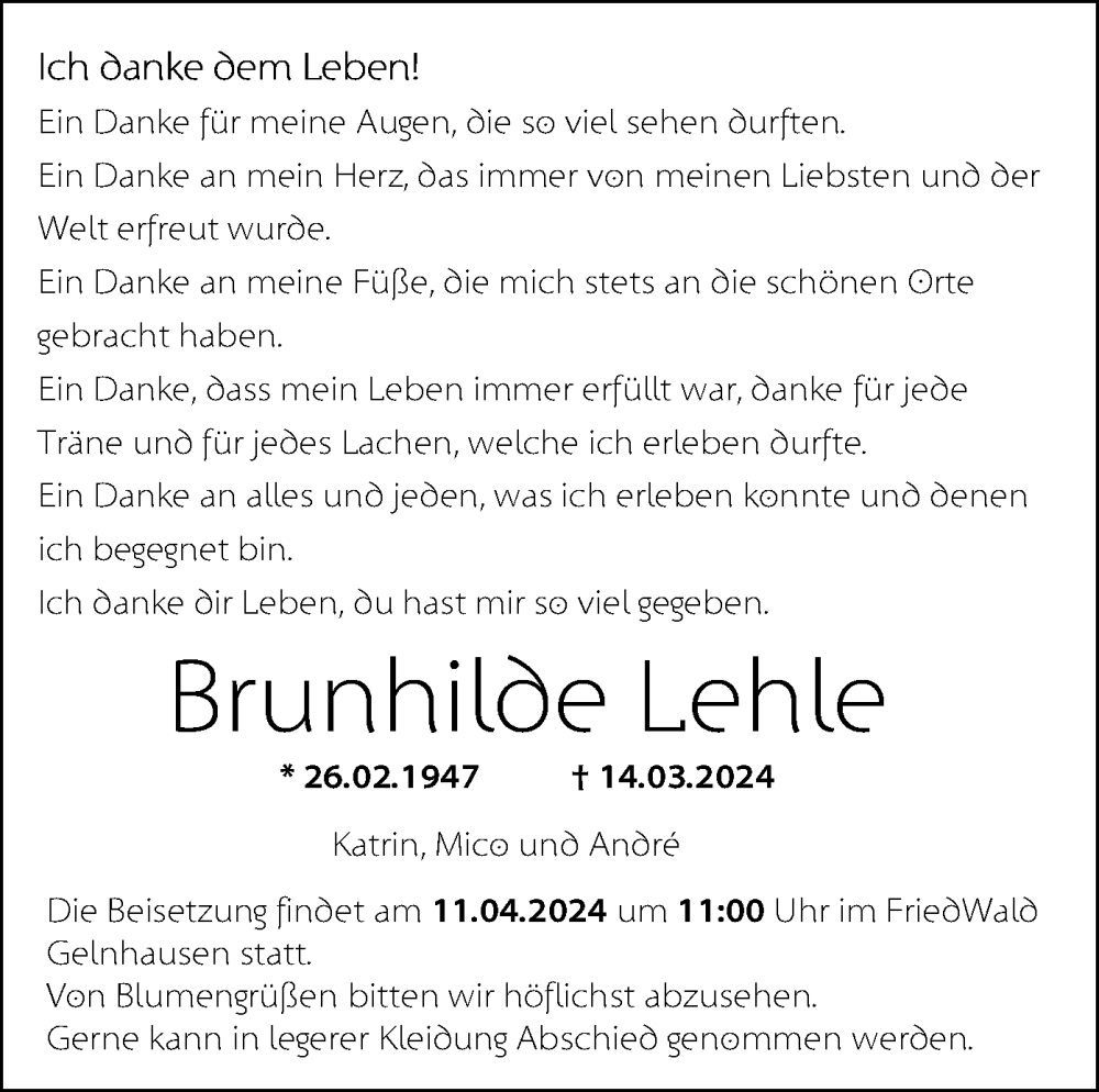  Traueranzeige für Brunhilde Lehle vom 30.03.2024 aus OF