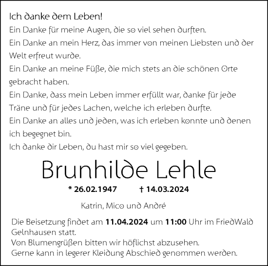 Traueranzeige von Brunhilde Lehle von OF