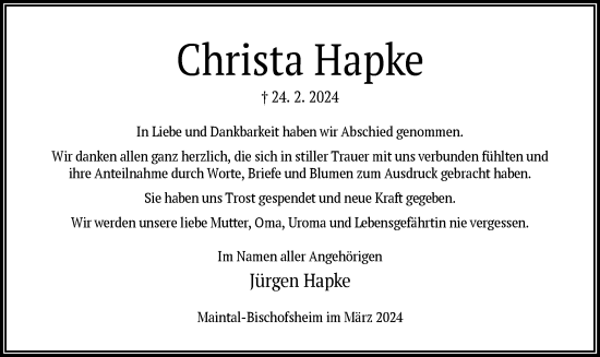 Traueranzeige von Christa Hapke von OF