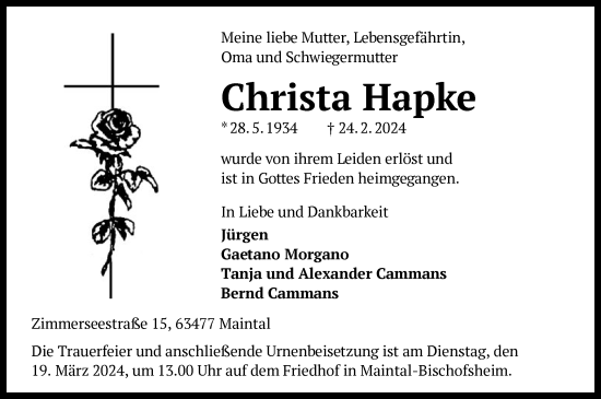 Traueranzeige von Christa Hapke von OF