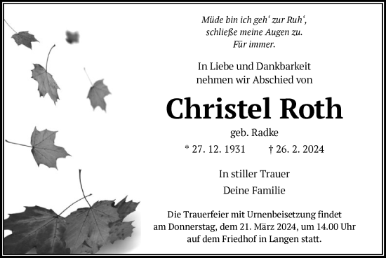 Traueranzeige von Christel Roth von OF