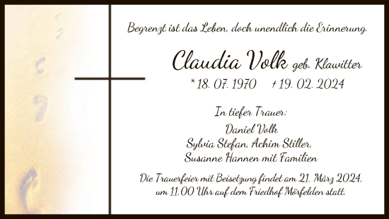 Traueranzeige von Claudia Volk von OF