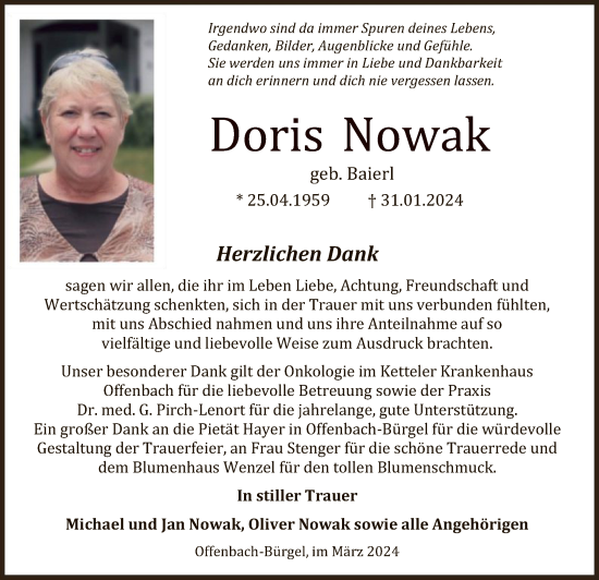 Traueranzeige von Doris Nowak von OF