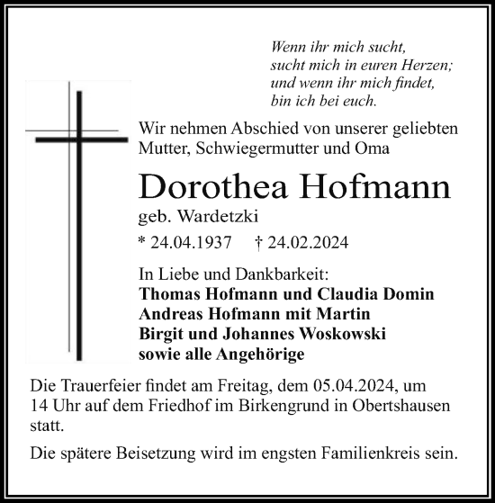 Traueranzeige von Dorothea Hofmann von OF