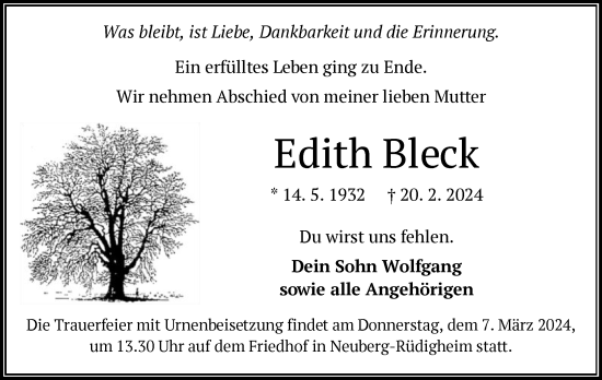 Traueranzeige von Edith Bleck von OF