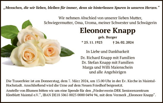 Traueranzeige von Eleonore Knapp von OF