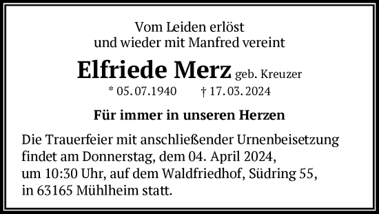 Traueranzeige von Elfriede Merz von OF