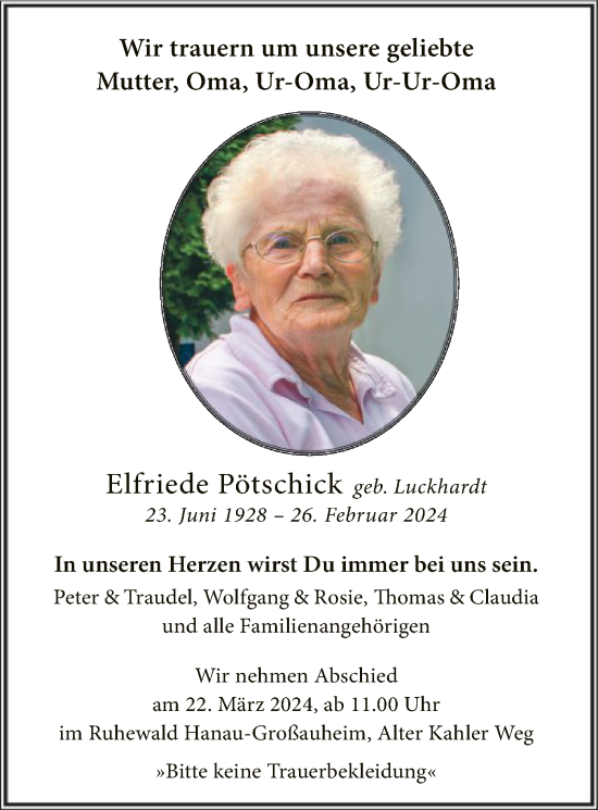 Traueranzeige von Elfriede Pötschick von OF