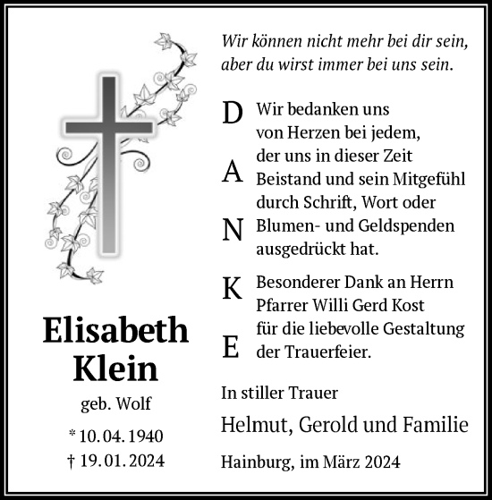 Traueranzeige von Elisabeth Klein von OF