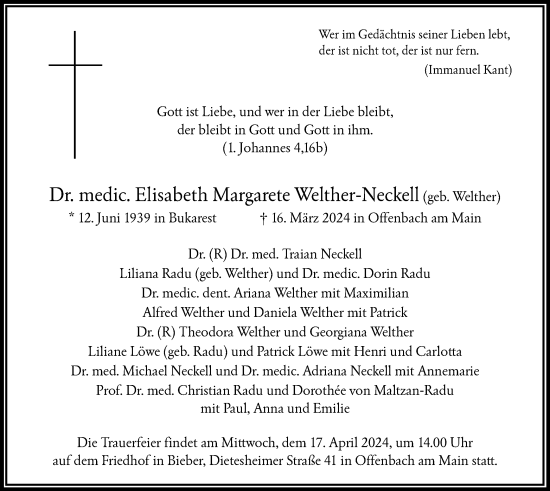 Traueranzeige von Elisabeth Margarete Welther-Neckell von OF