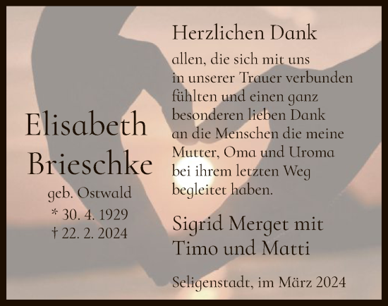 Traueranzeige von Elisaebbeth Brieschke von OF