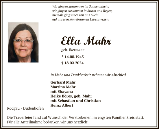 Traueranzeige von Ella Mahr von OF