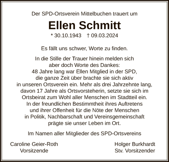 Traueranzeige von Ellen Schmitt von OF