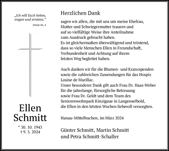 Traueranzeige von Ellen Schmitt von OF