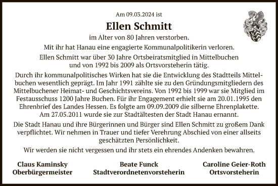 Traueranzeige von Ellen Schmitt von OF